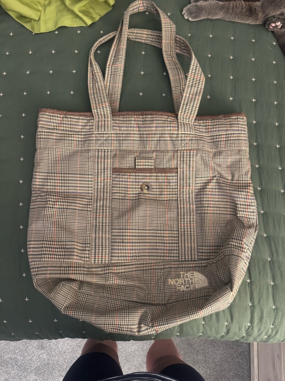 The North Face Plaid Brown Tote Bag with Front Snap Pocket